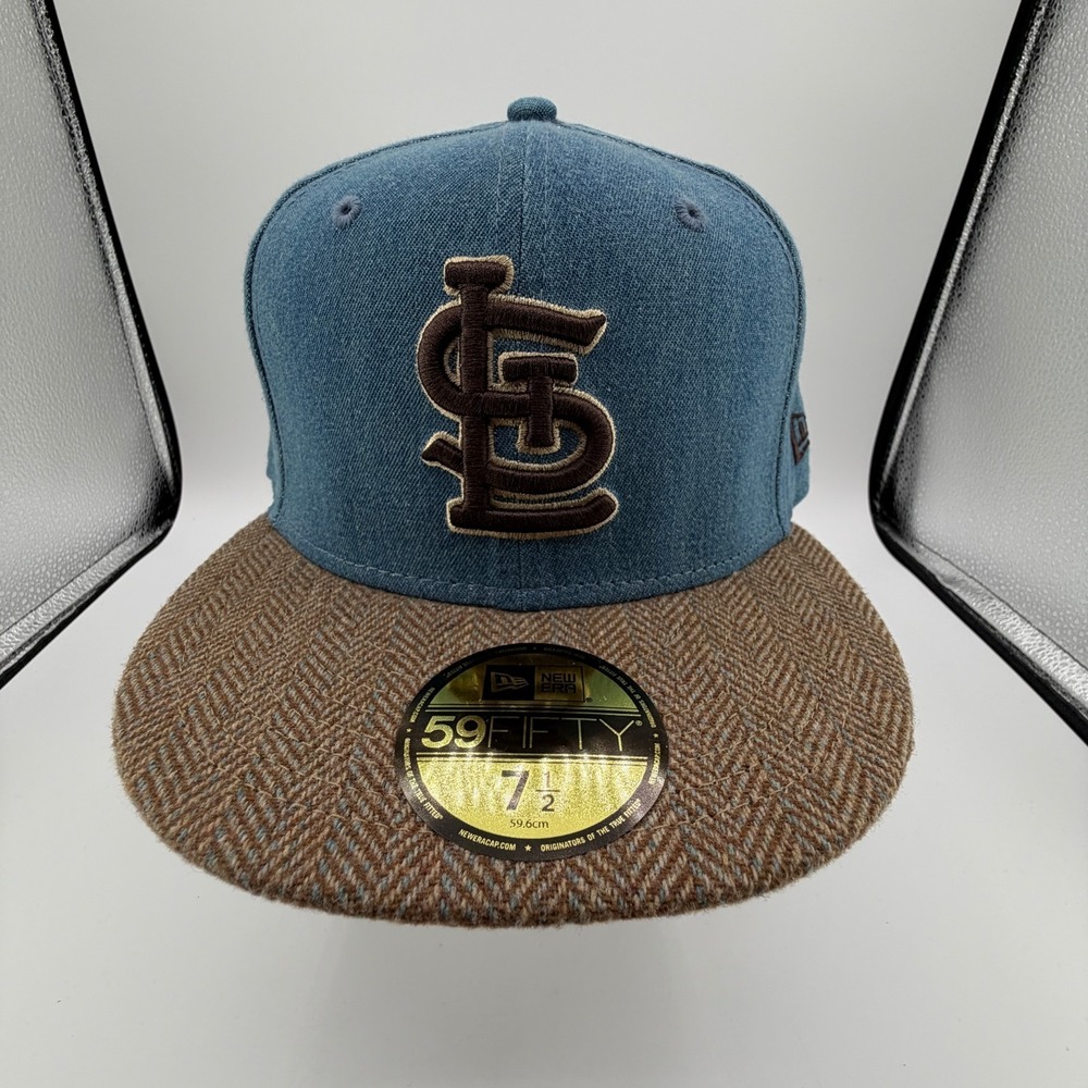 St. Louis Cardinals Fitted Hat Sz 7 1/2 New Era 59FIFTY Blue Denim Tweed Cap NEW - Picture 2 of 11